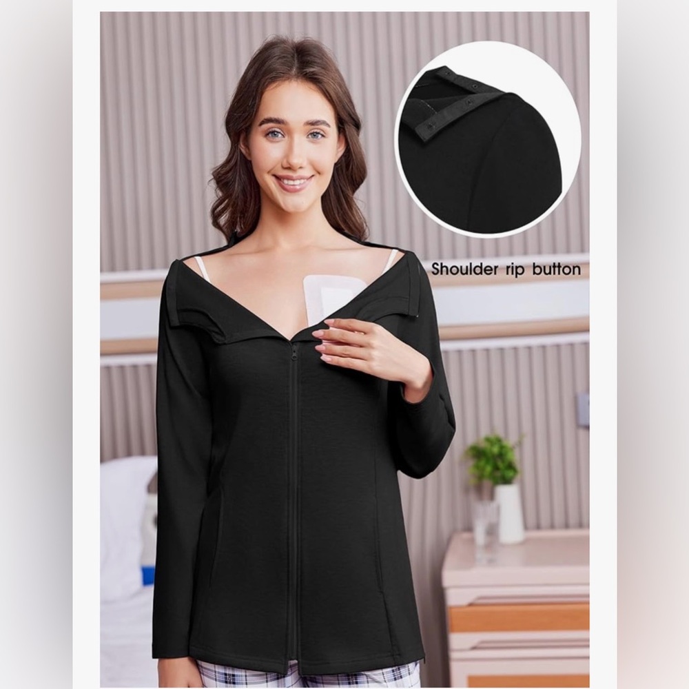 NWOT Deyeek Women’s Black Long Sleeve Zip Up Post Op Shirt w/ Drain Pockets M - Picture 8 of 12